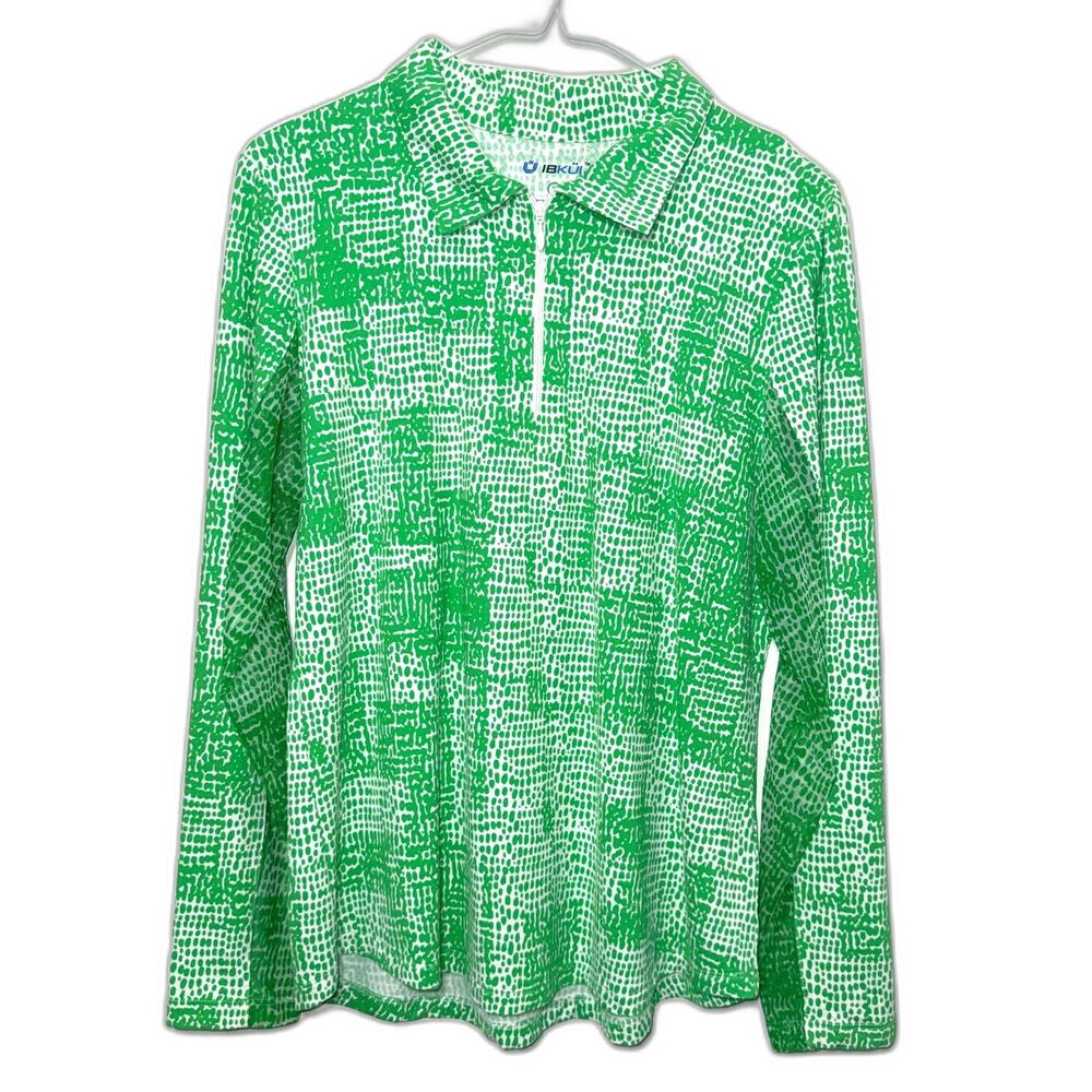 IBKUL Long Sleeve All Over Print Quarter Zip Golf Shirt - Green/White L